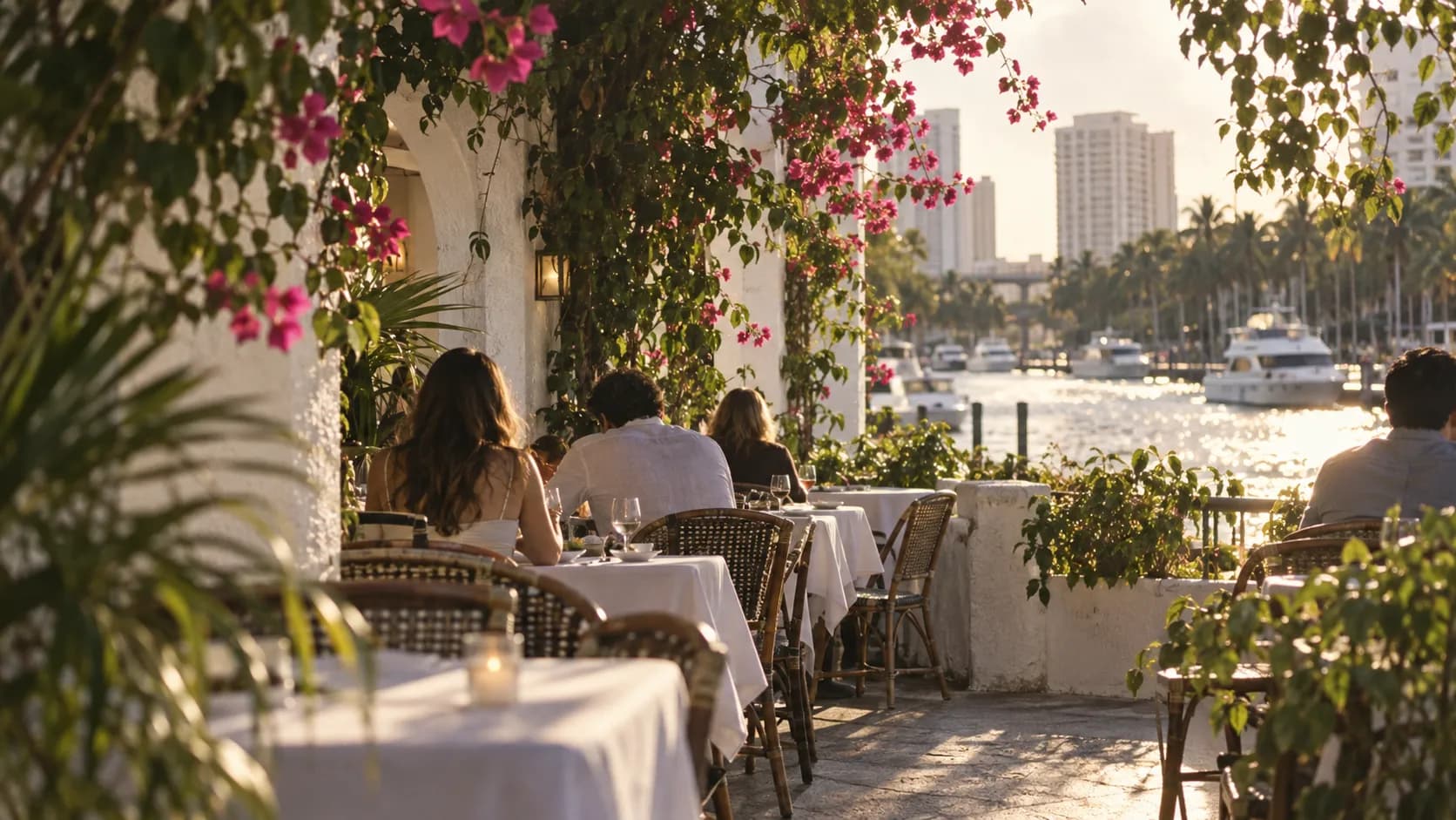 Late-afternoon Miami River terrace with tangled vines, bougainvillea, whitewashed walls, open-air tables, boats and sunlight on the water