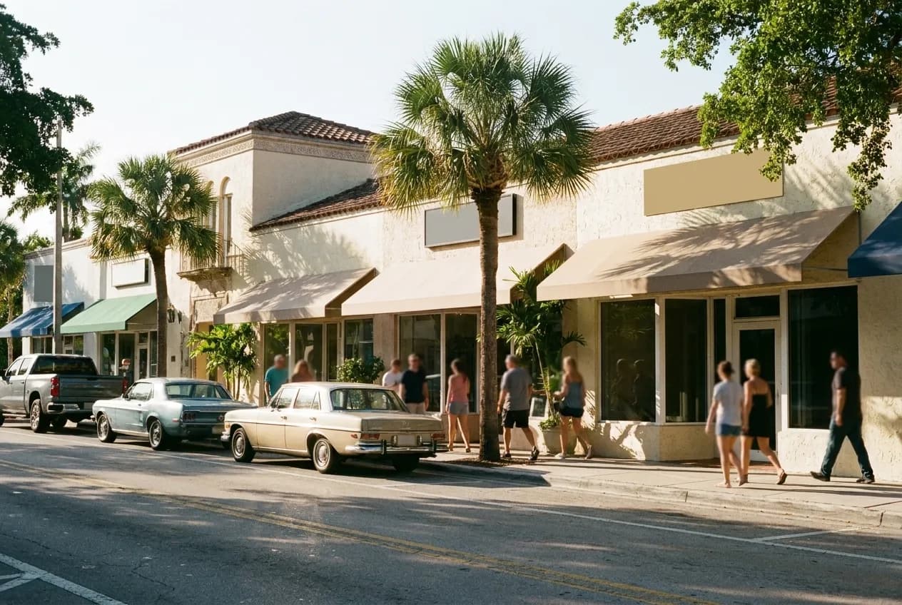 A low commercial street in full daylight with people along the pavement