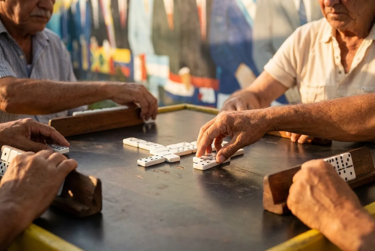 Domino tiles mid-game on a park table, hands moving above them