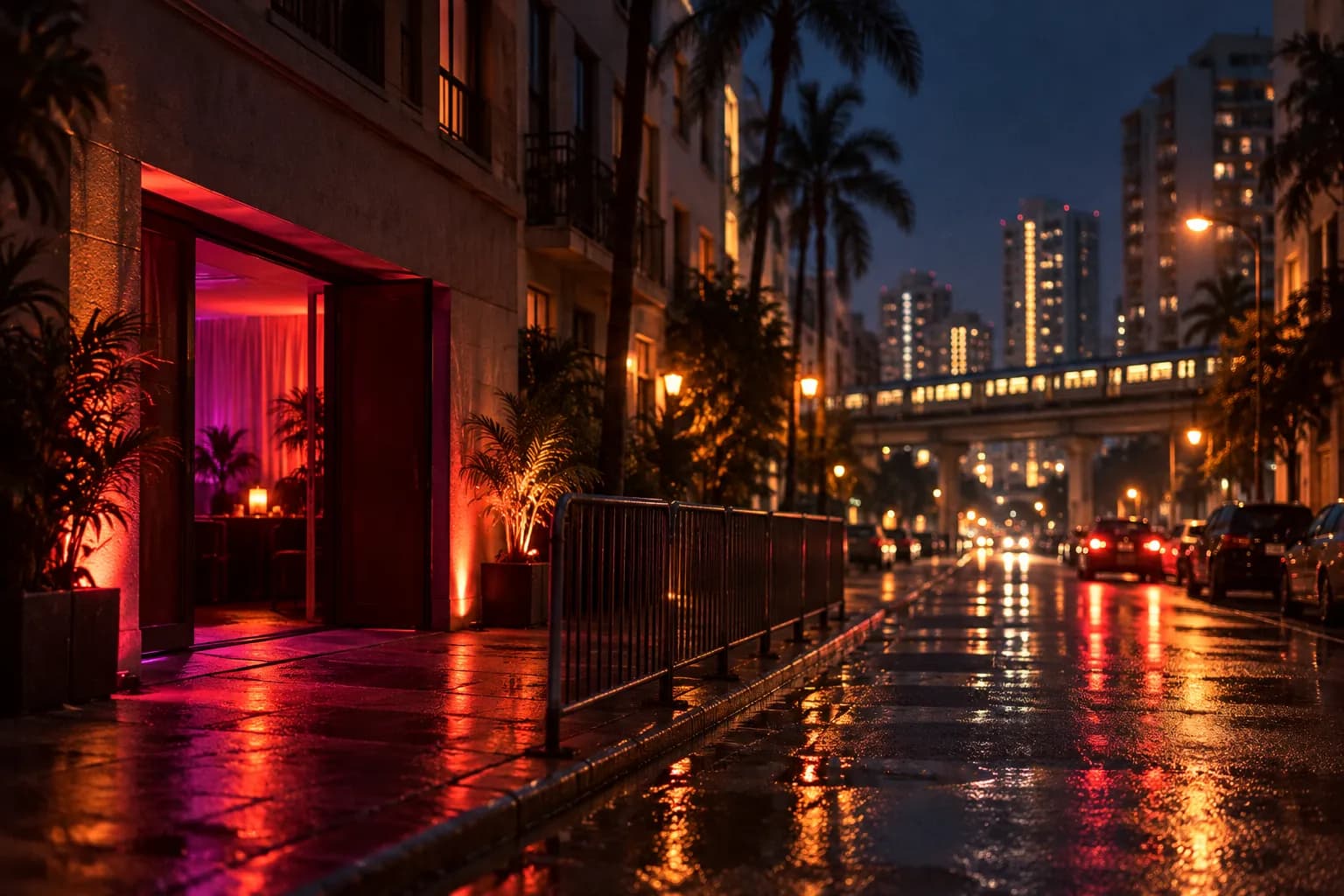A downtown Miami street at night with warm light from a low doorway