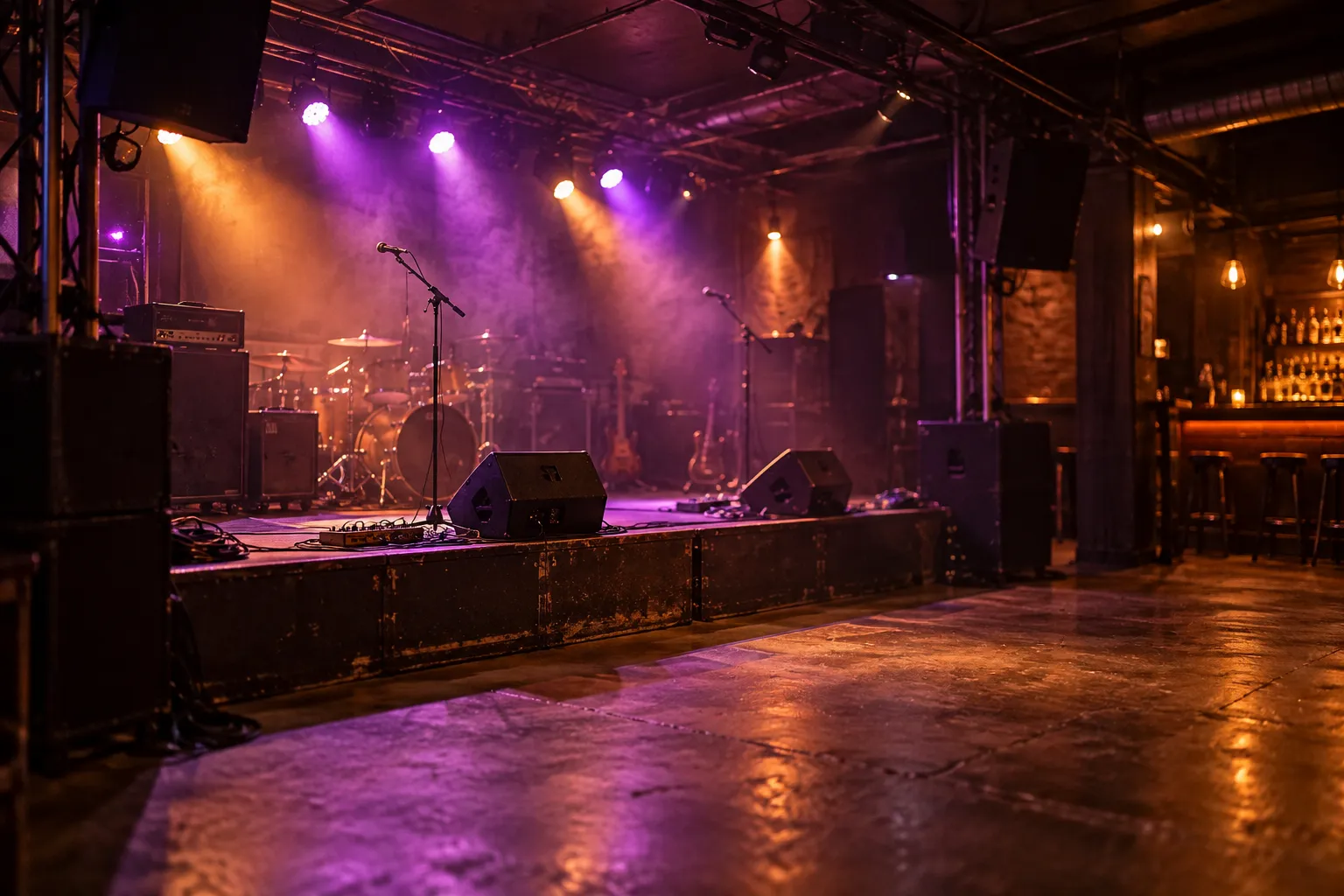 A small dark music venue with a low stage and coloured lighting