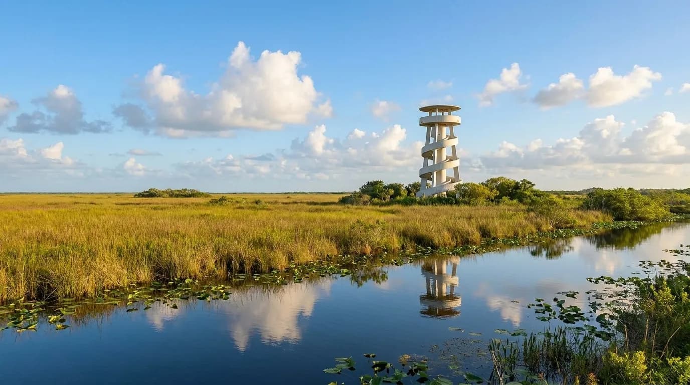 Shark Valley observation tower rising above Everglades sawgrass prairie under blue sky
