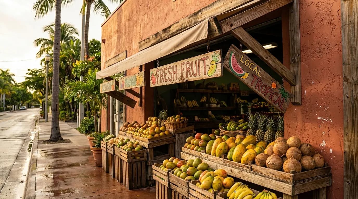 Robert Is Here roadside fruit stand with colorful signage and tropical fruit displays