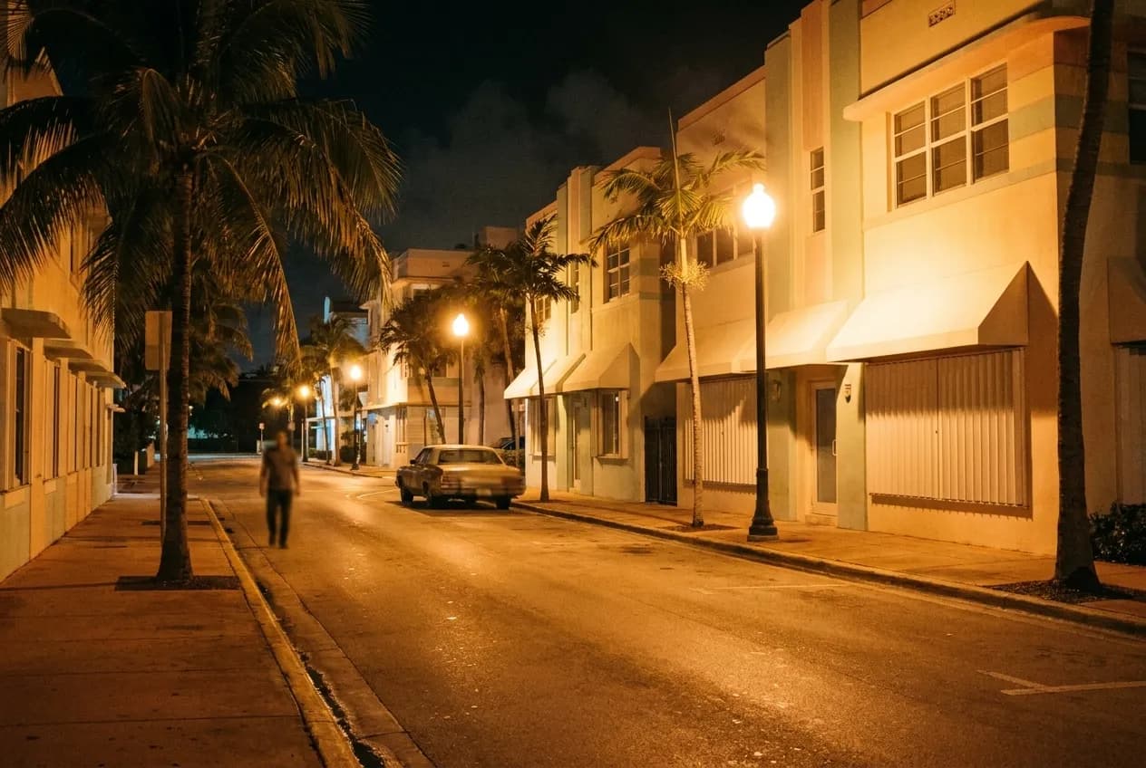 A quiet low-rise Miami street after midnight under sodium street lighting