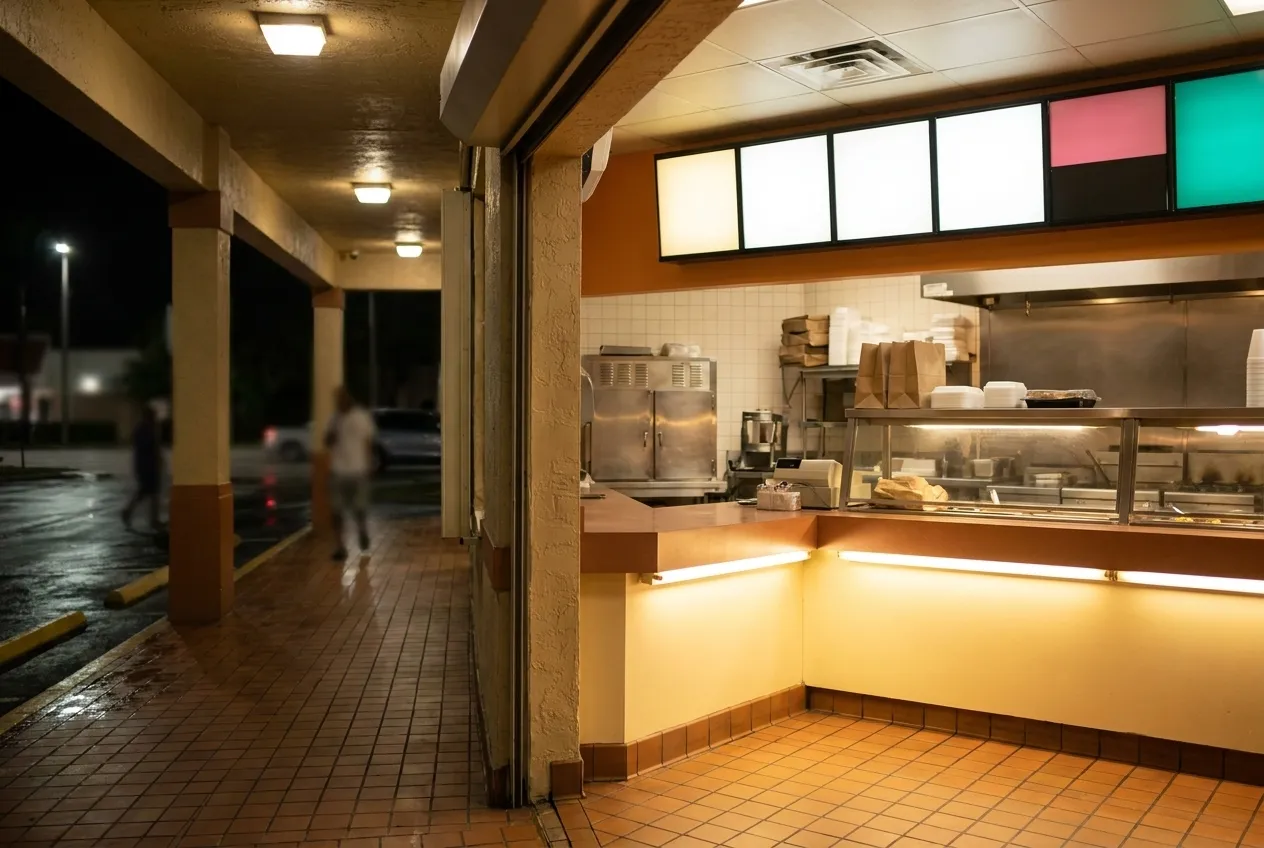 A brightly lit takeaway counter late at night with nobody waiting