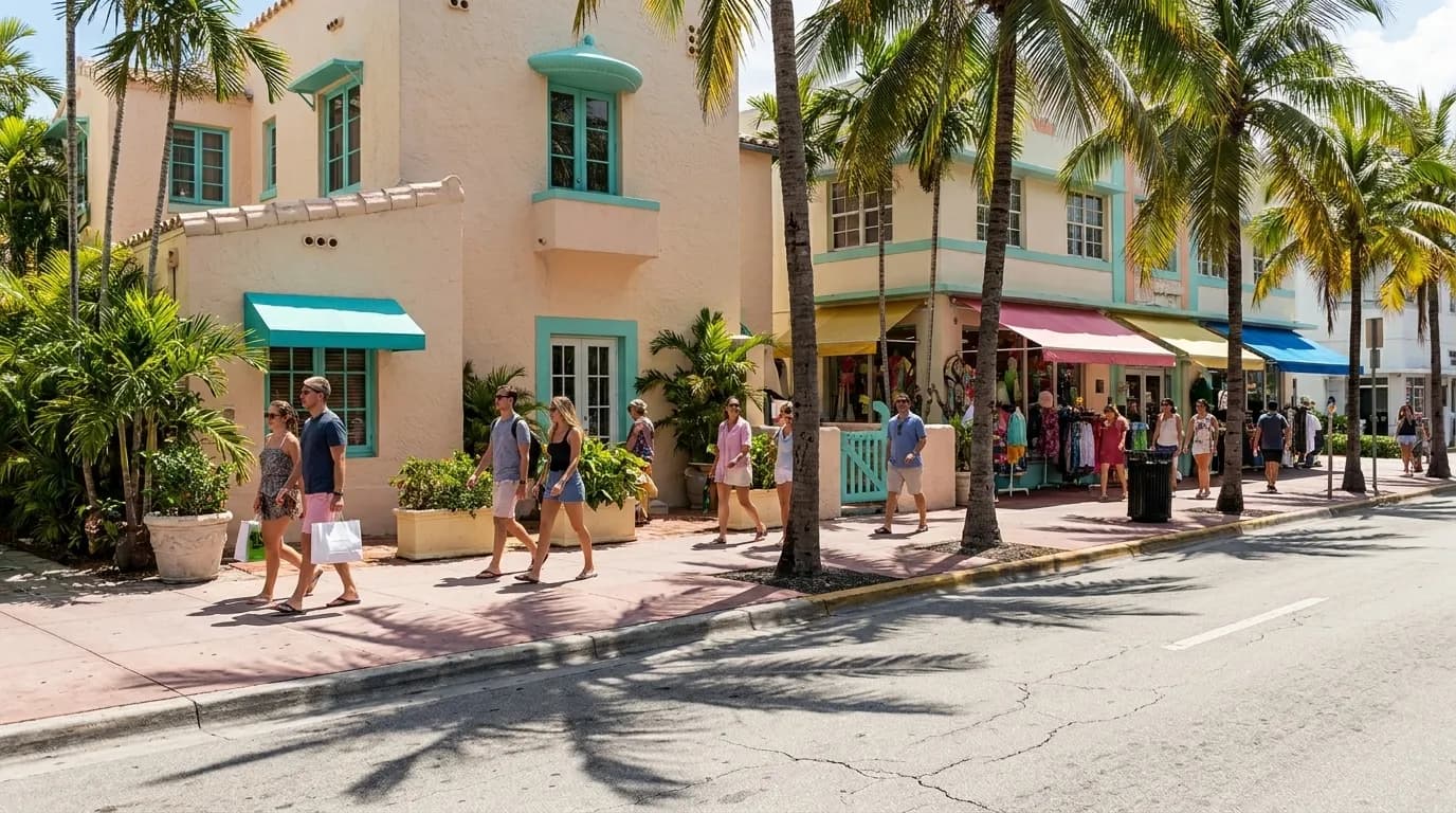 Collins Avenue sidewalk in South Beach with palm trees and storefronts