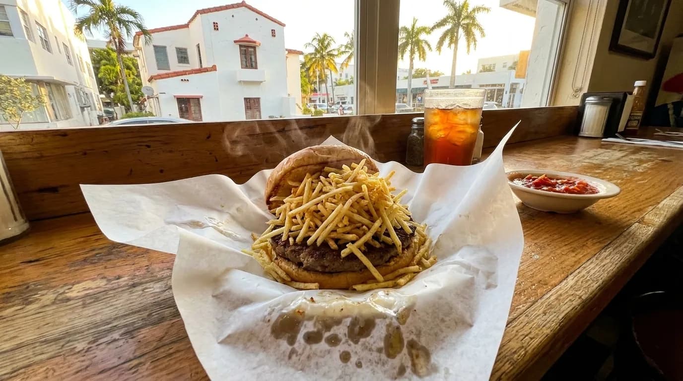 Cuban frita on a paper wrapper at a Miami counter