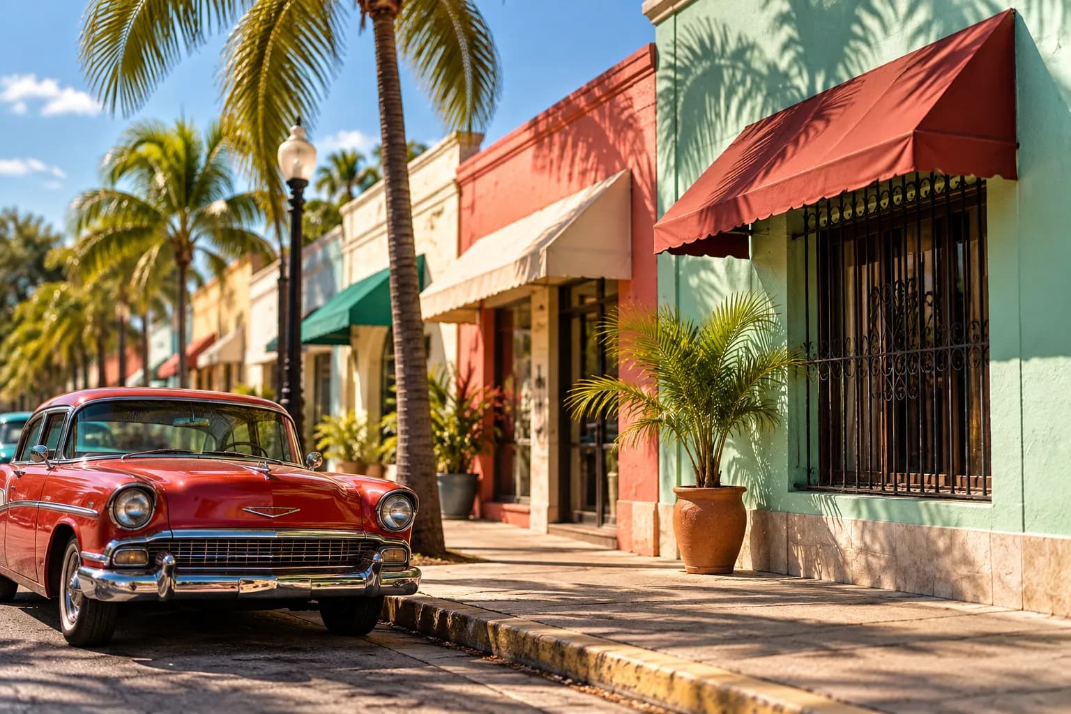 A Little Havana street of low painted storefronts under strong afternoon sun