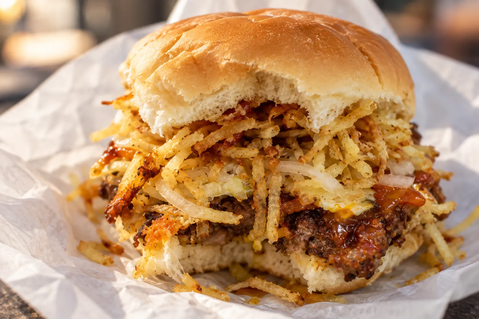 A burger topped with a nest of thin shoestring potatoes on a soft roll