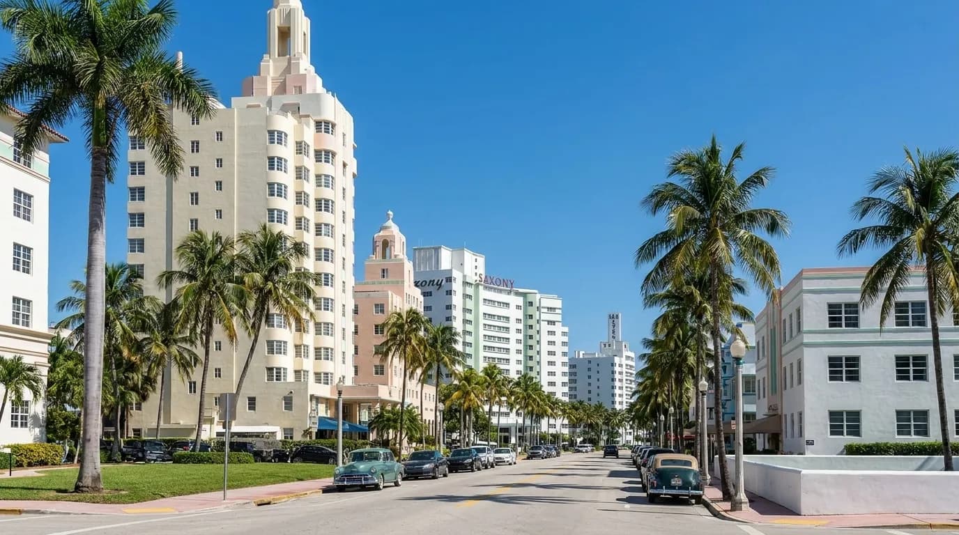 Sunny street scene in South Beach Miami with colorful art deco buildings and palm trees