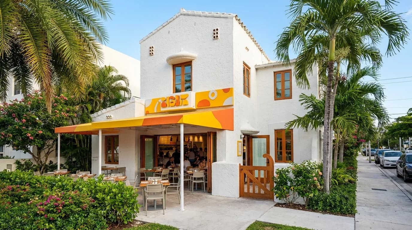 Pincho restaurant storefront in Miami with bright signage