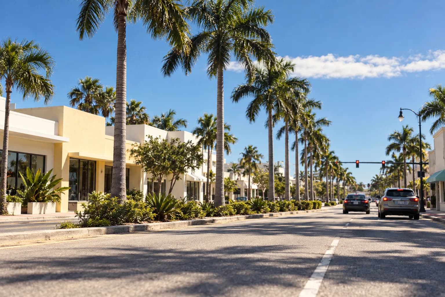 A wide sunlit Miami boulevard with palms and low commercial buildings