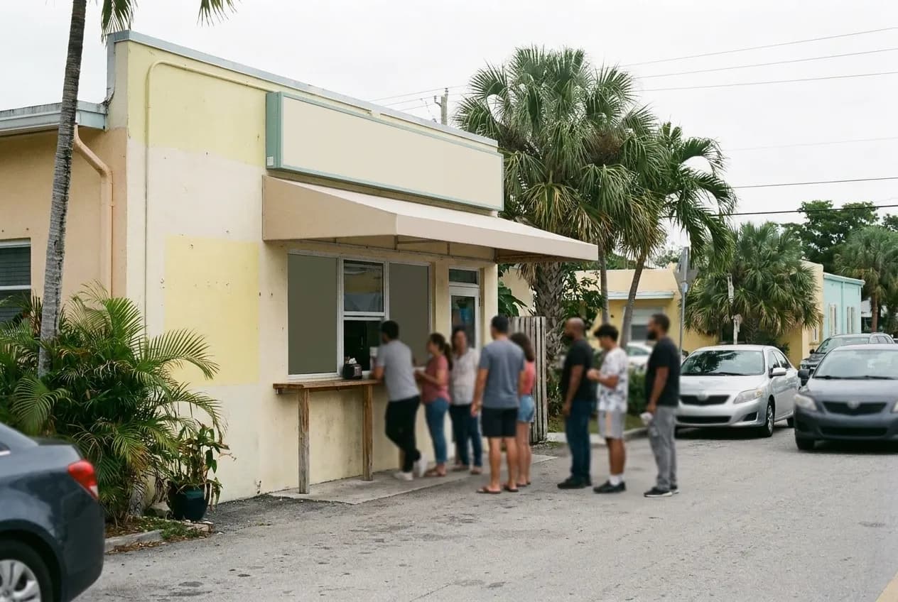 A walk-up window onto the street with a narrow counter and a queue forming