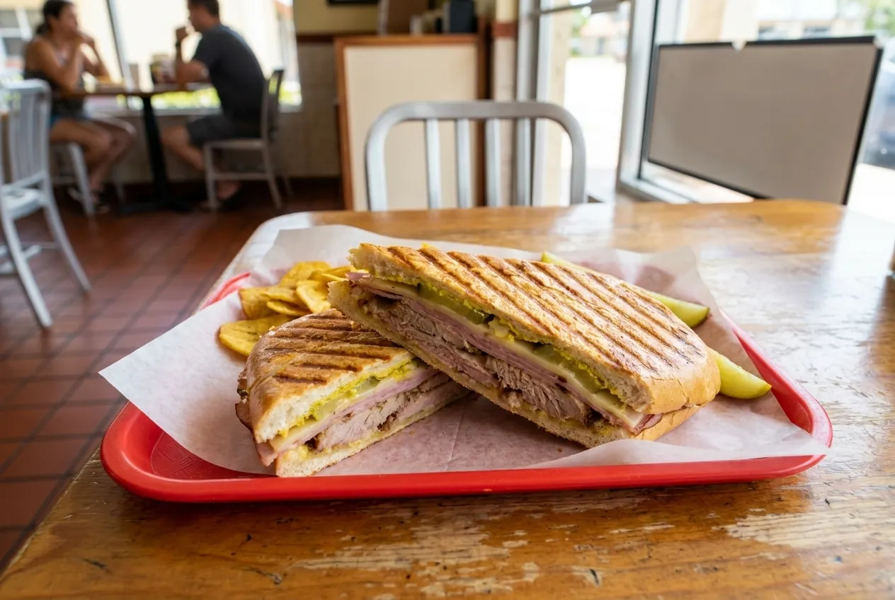 A pressed sandwich cut across, photographed close on a paper-lined tray
