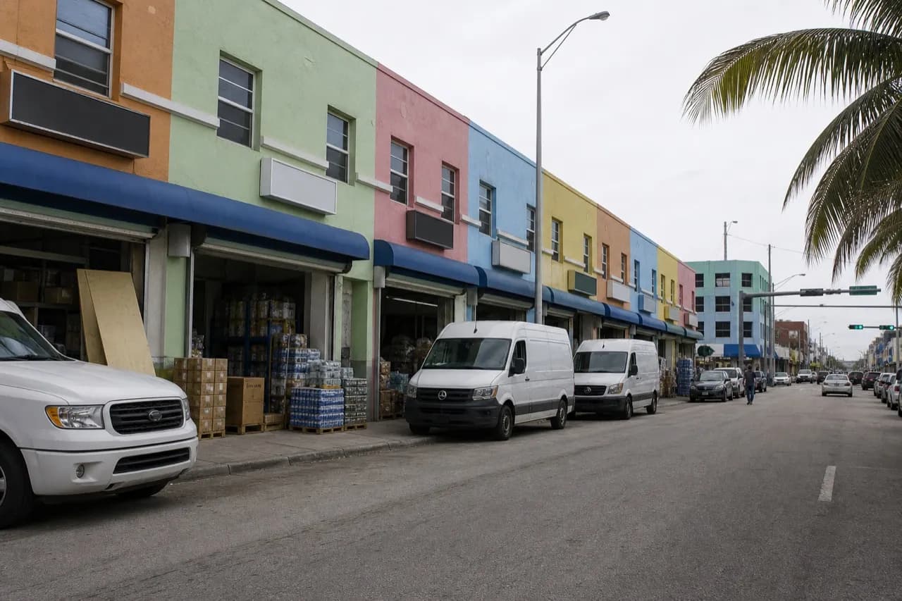 Allapattah street with wholesale storefronts and parked vans