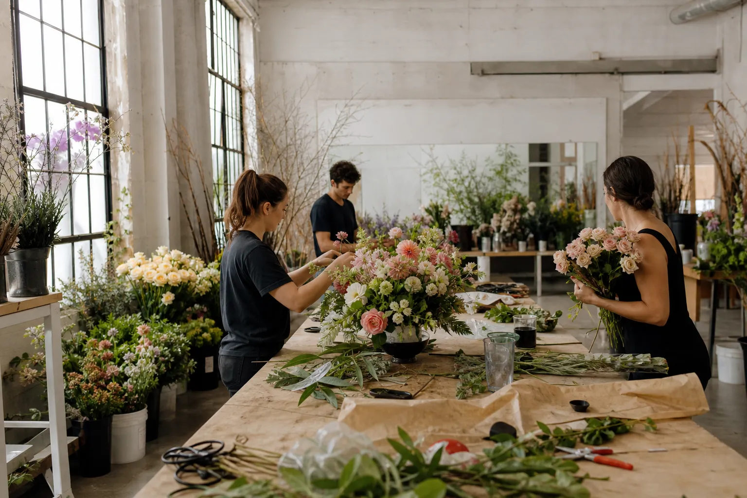Bright Wynwood workshop table with fresh flowers, clippers, and arranged stems inside an industrial studio.