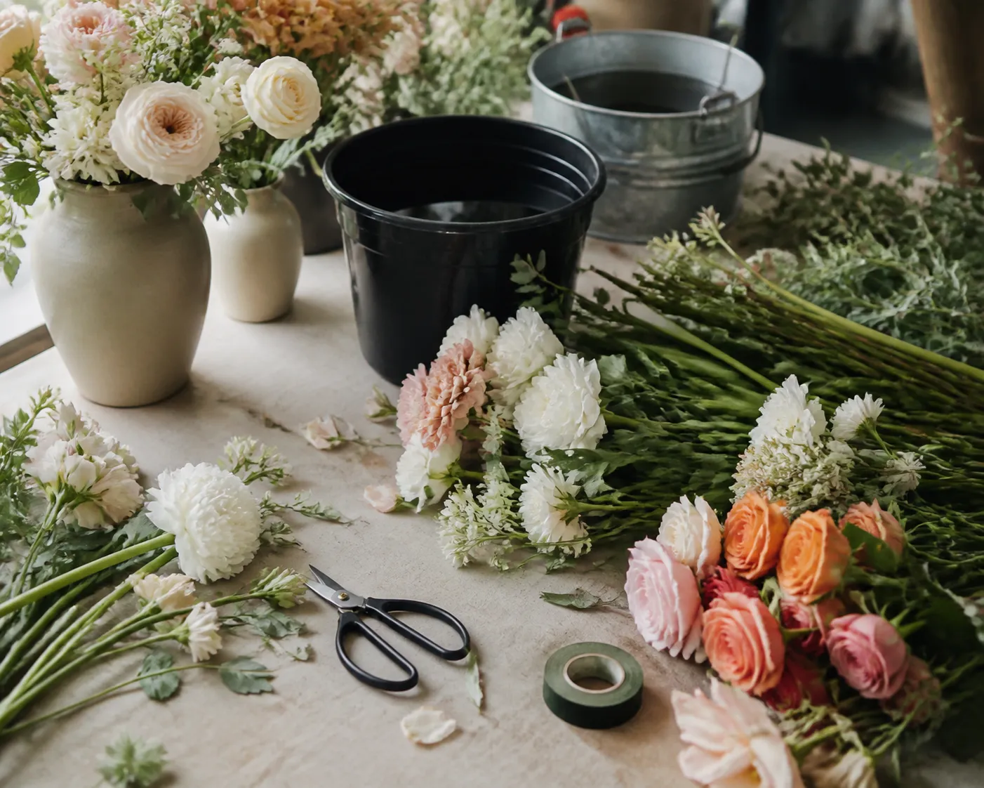 Close-up of bouquet stems, shears, and a ceramic vase ready for a floral arrangement class.