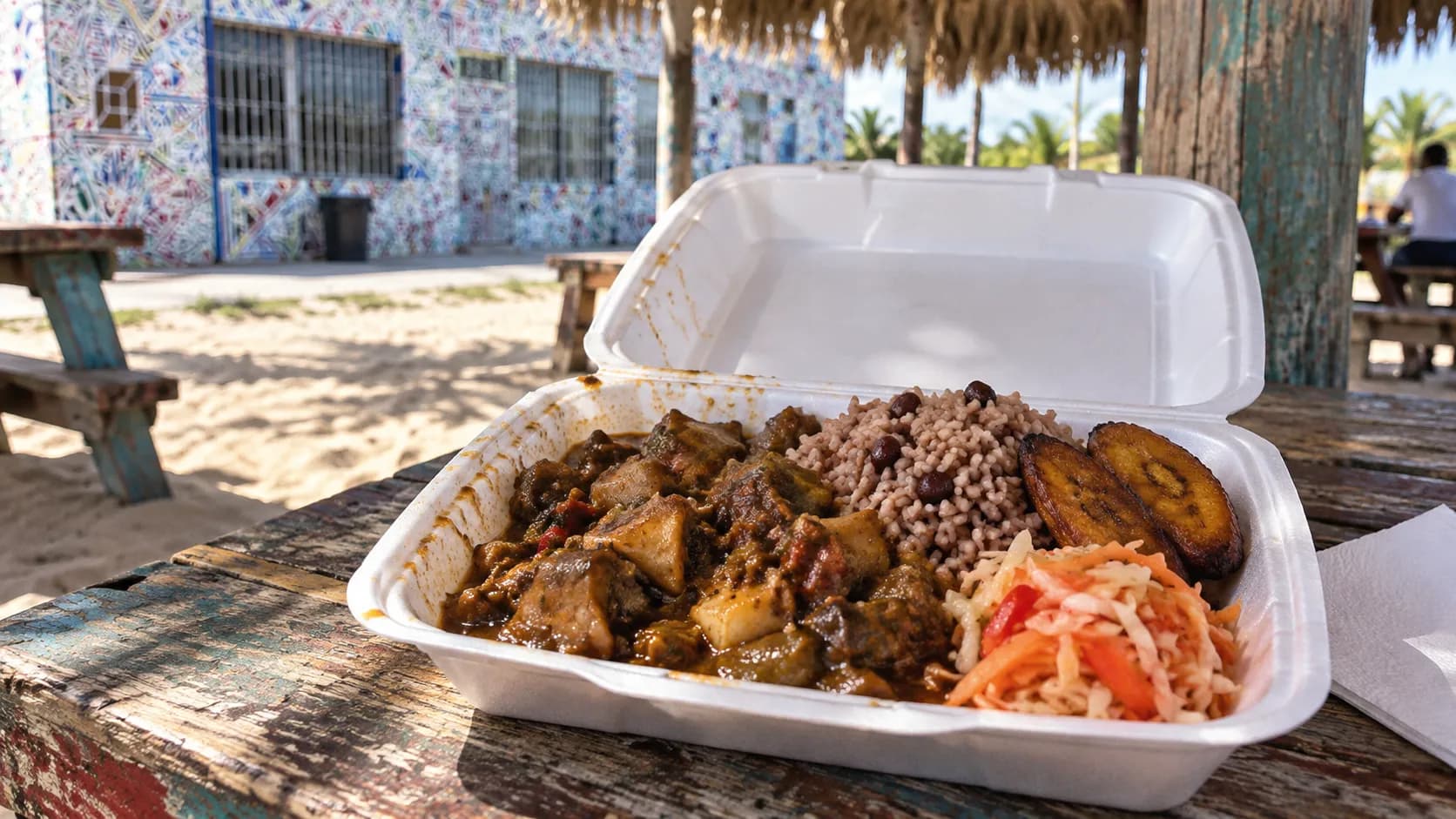 White container of dark conch stew, rice, beans, plantains and pink-orange pikliz on a rough wooden table beneath the outdoor hut.