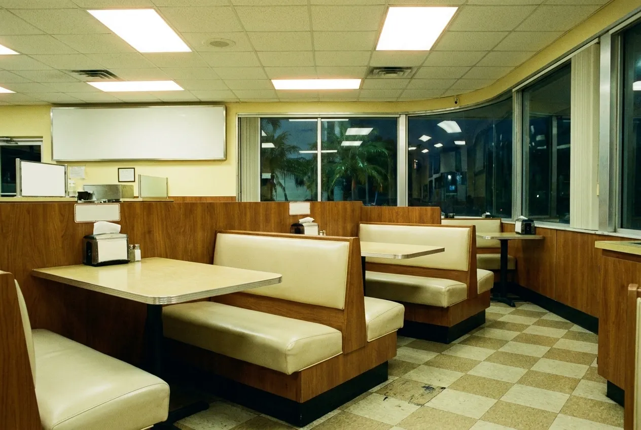 An empty booth in a brightly lit room in the small hours