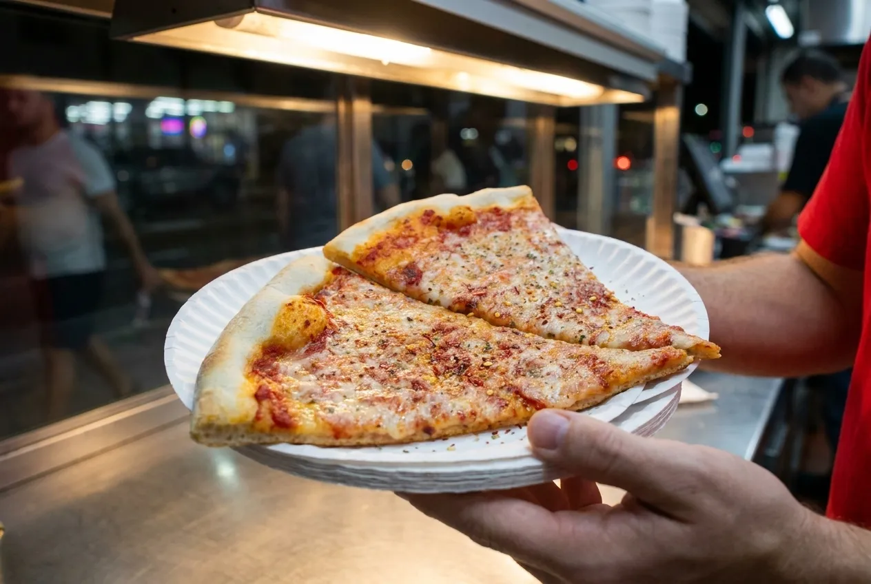 A slice on a paper plate held at close range under a bright counter light
