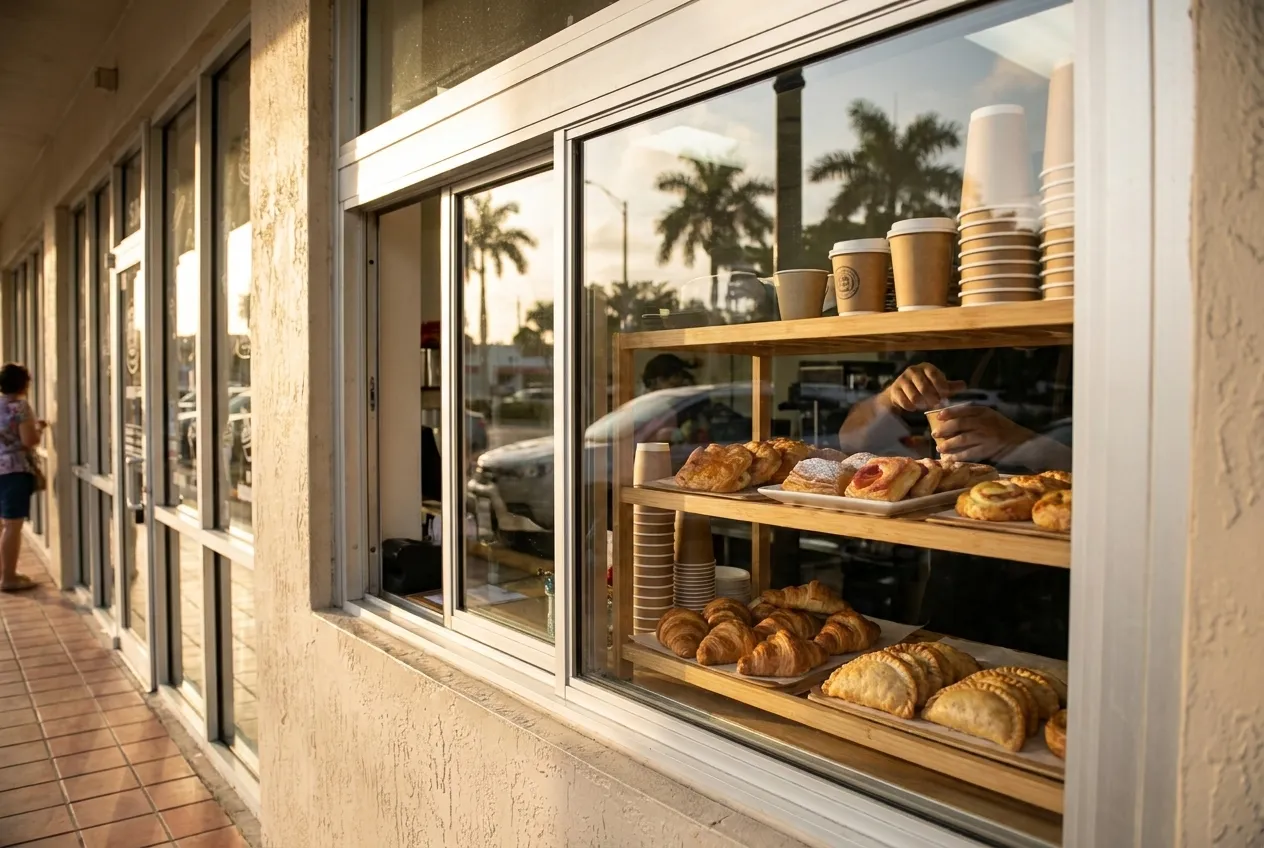 Walk-up café window with pastries and coffee cups in Miami