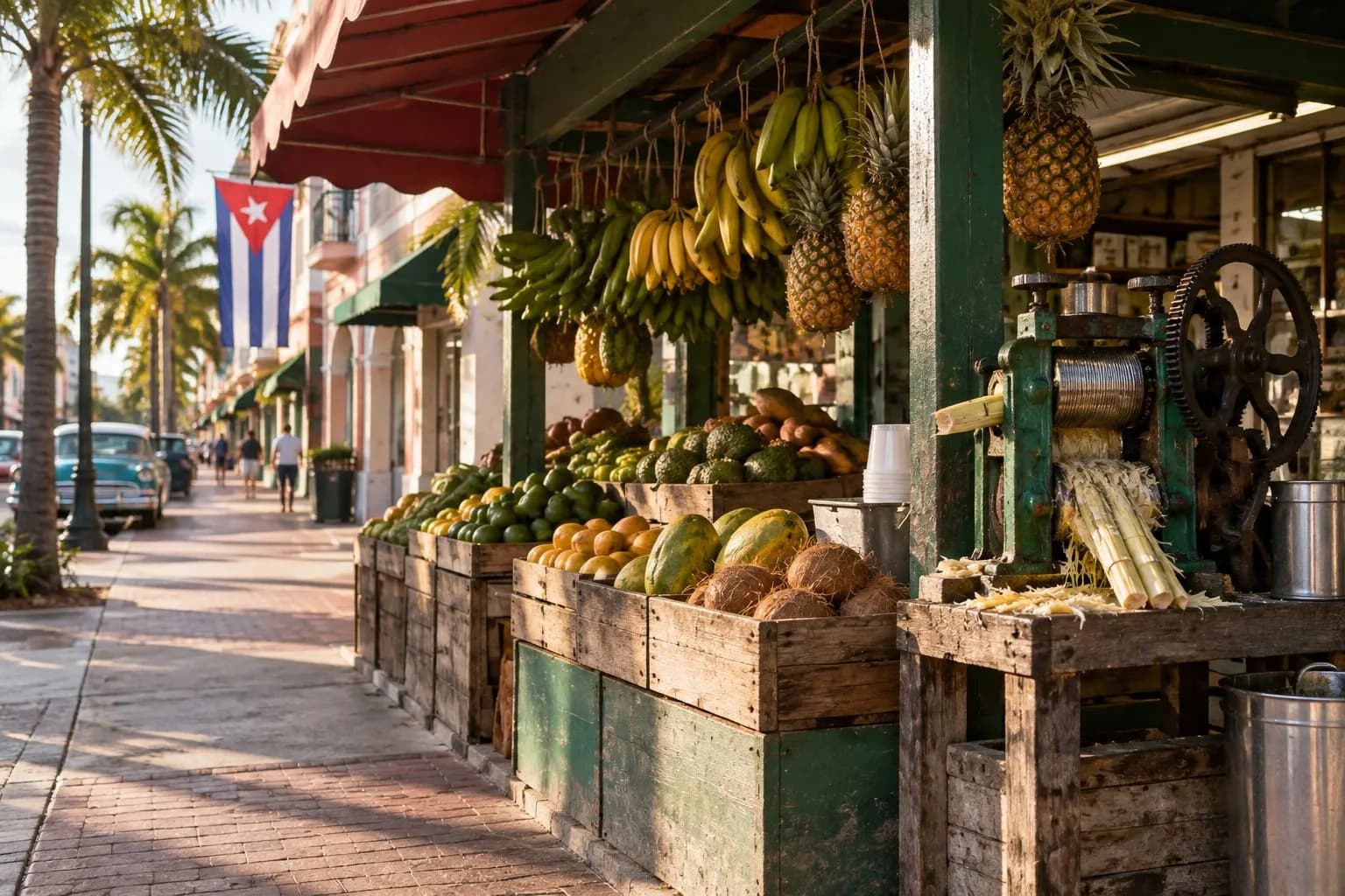 Open-air Los Piñareños Frutería on Calle Ocho with hanging tropical produce, a guarapo counter and shaded market seating.