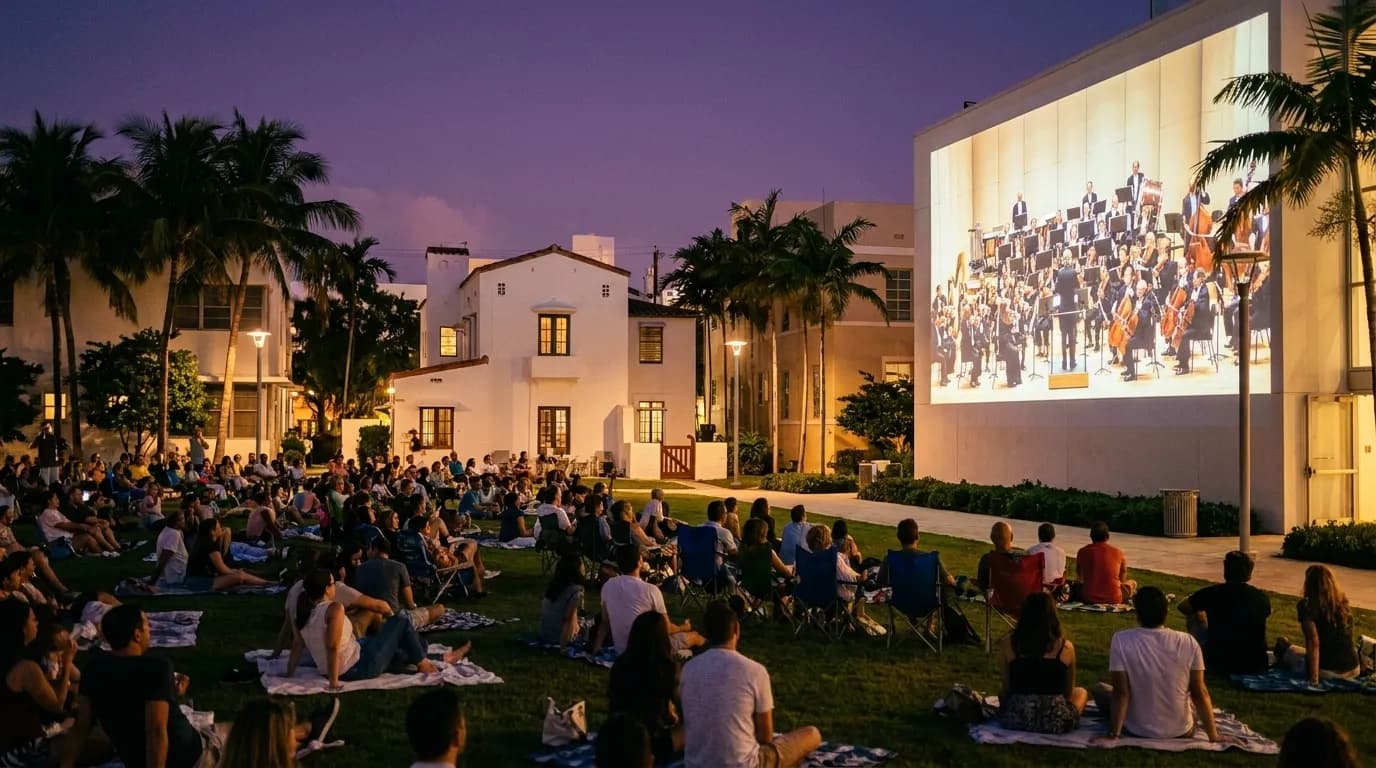 SoundScape Park at dusk with visitors watching projected symphony performance on building wall