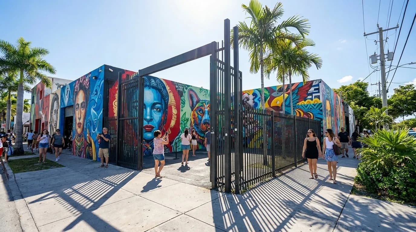 Colorful street murals covering building facades in Wynwood arts district