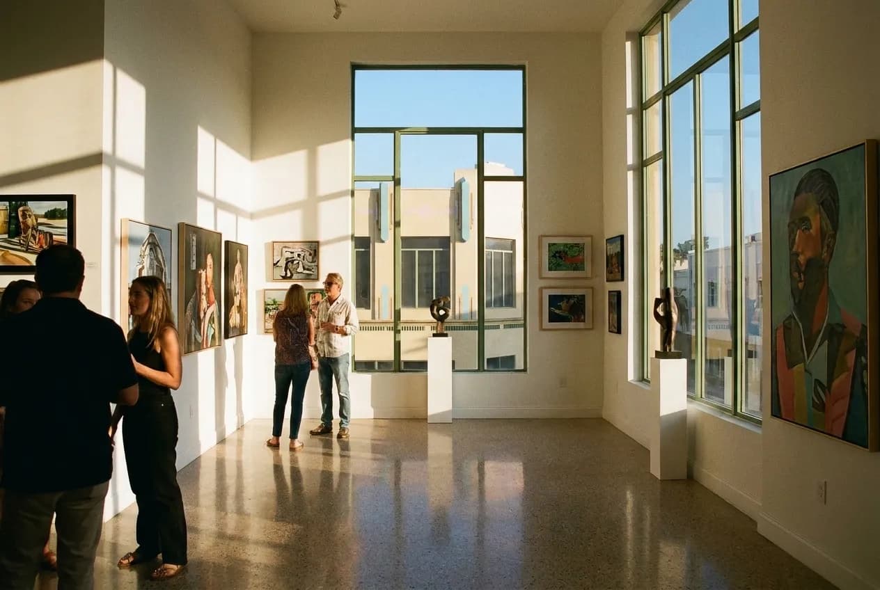 A small gallery room on an opening evening, work hung on white walls