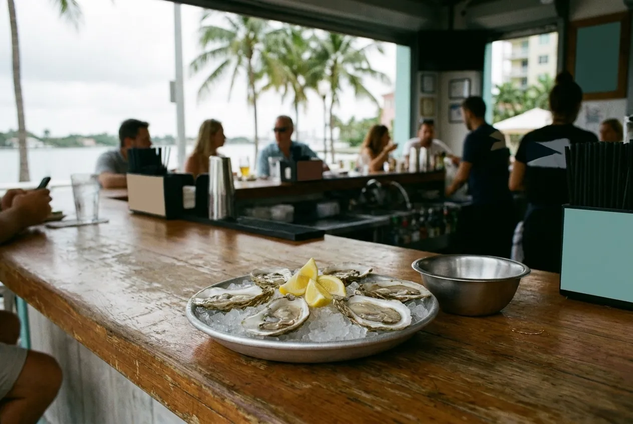 A half-dozen oysters on ice landing on a bar counter with lemon