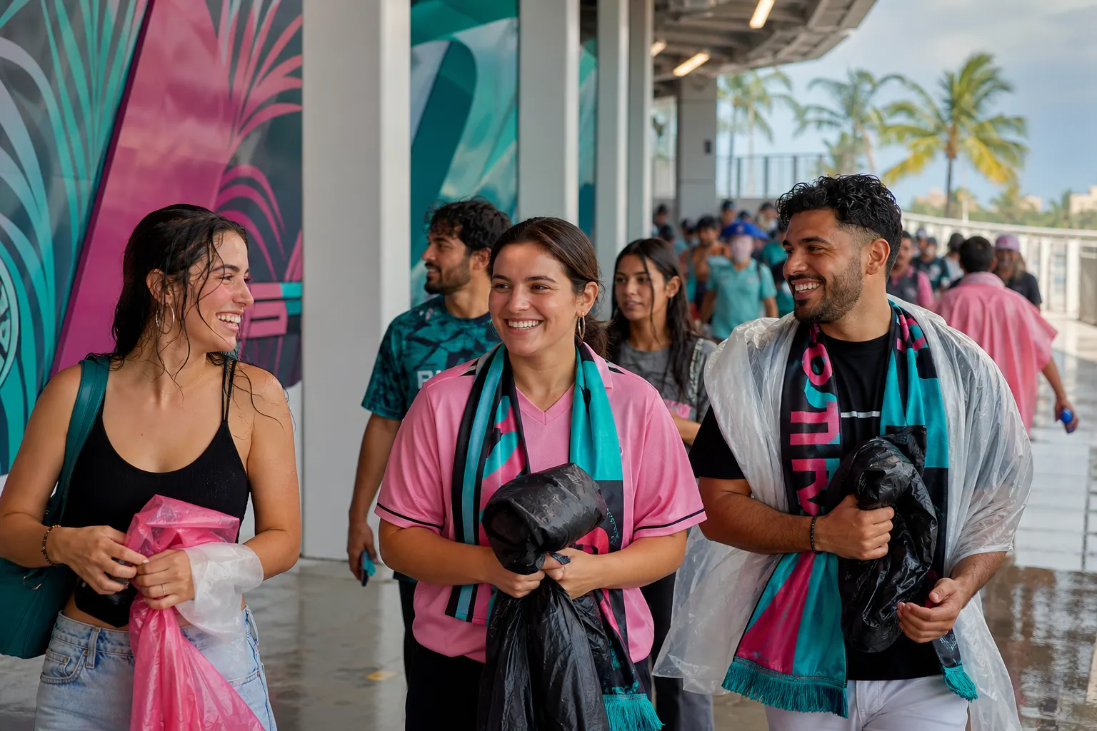 Miami fans using a covered rain backup during a World Cup stadium day