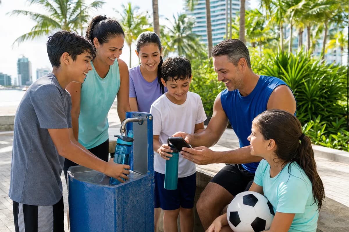 Miami World Cup fans checking water and weather before heading to the stadium