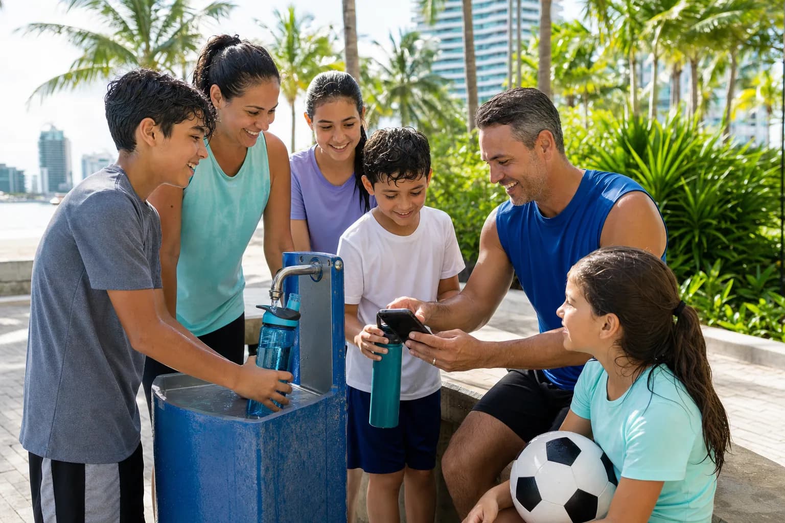 Miami World Cup fans checking water and weather before heading to the stadium