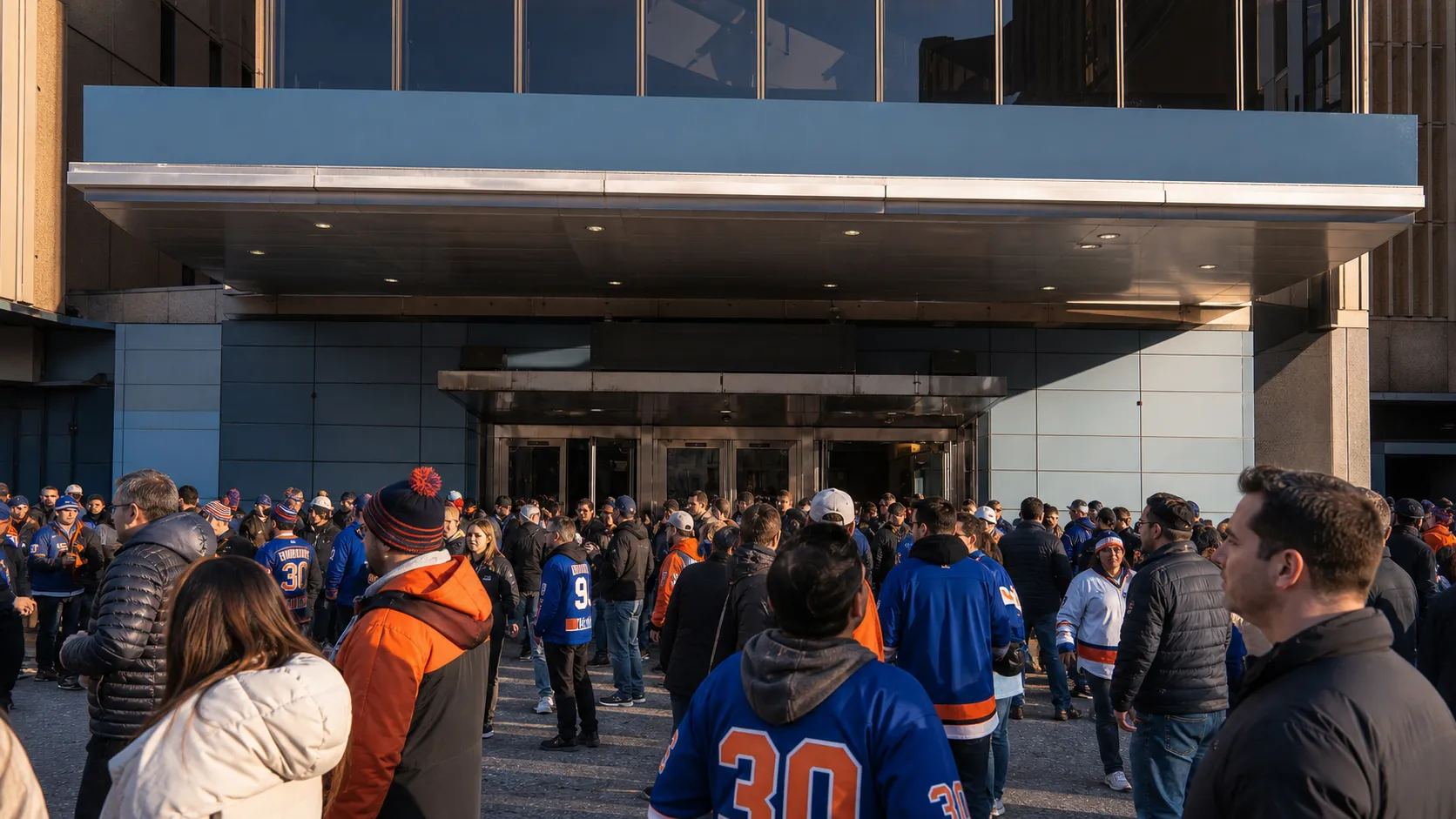 Basketball fans gathering outside Madison Square Garden in New York City before a game.