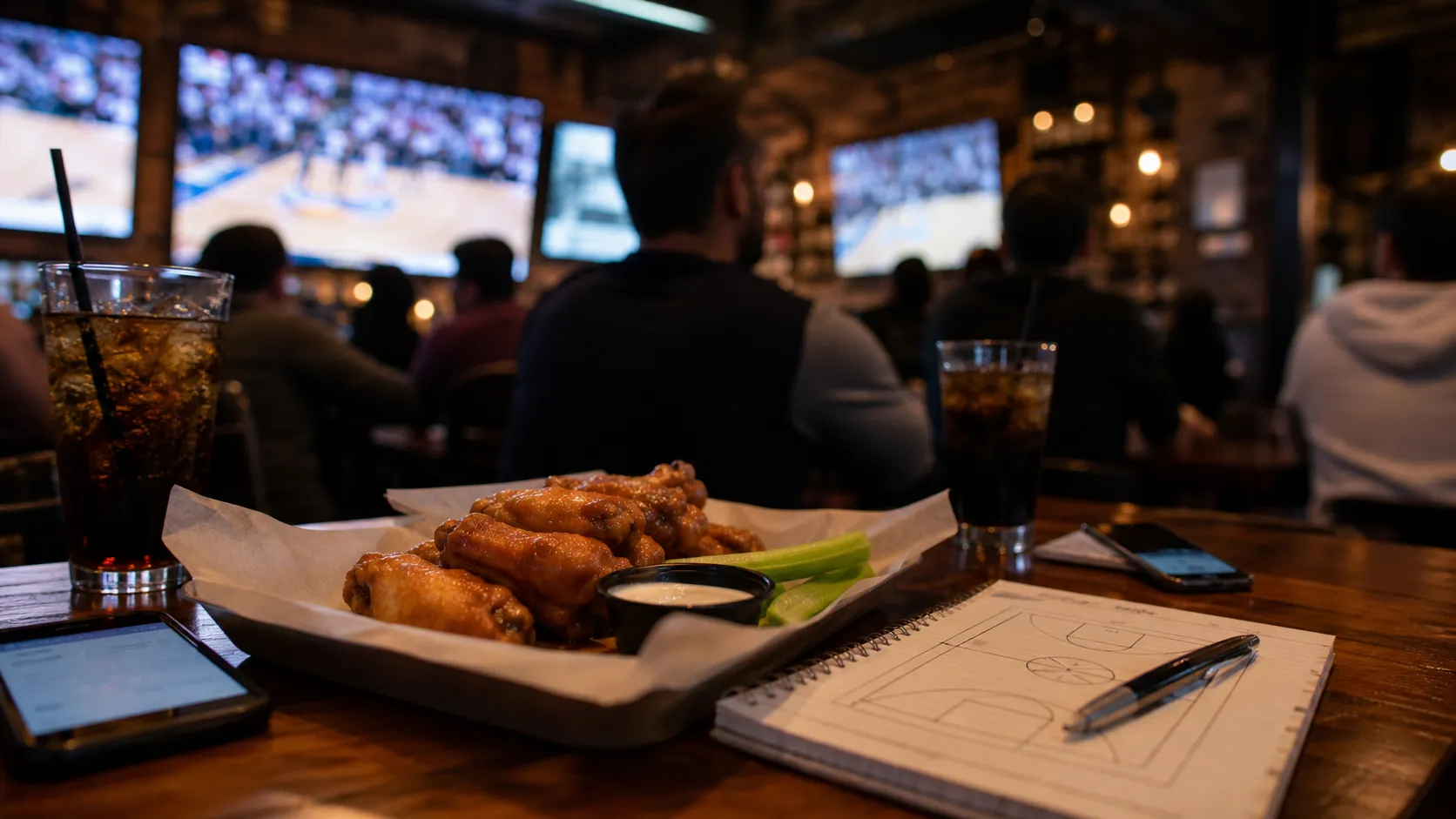 A sports bar table in New York set up for fans watching a basketball game.