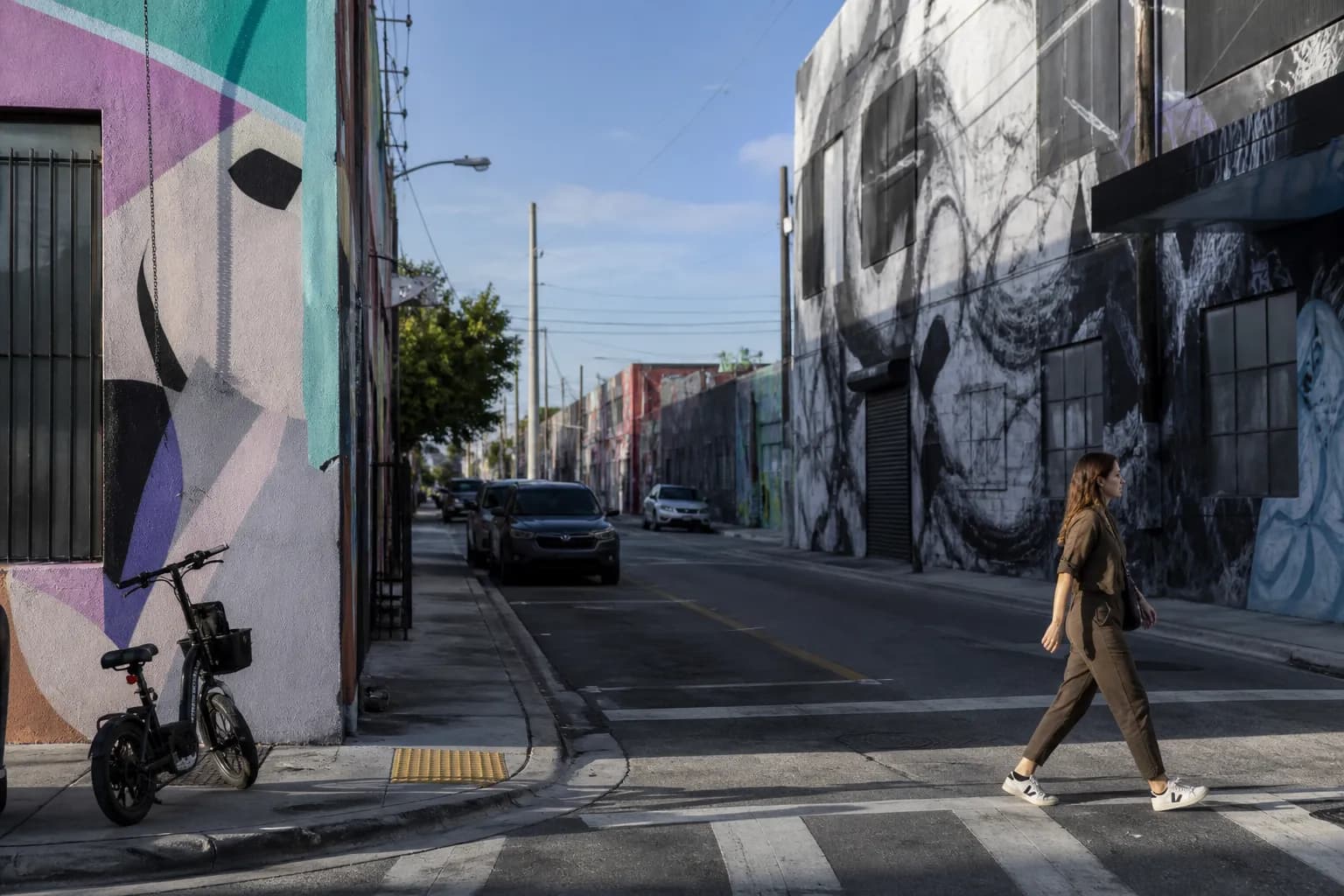 Pedestrian crossing near Wynwood loading lanes and mural walls