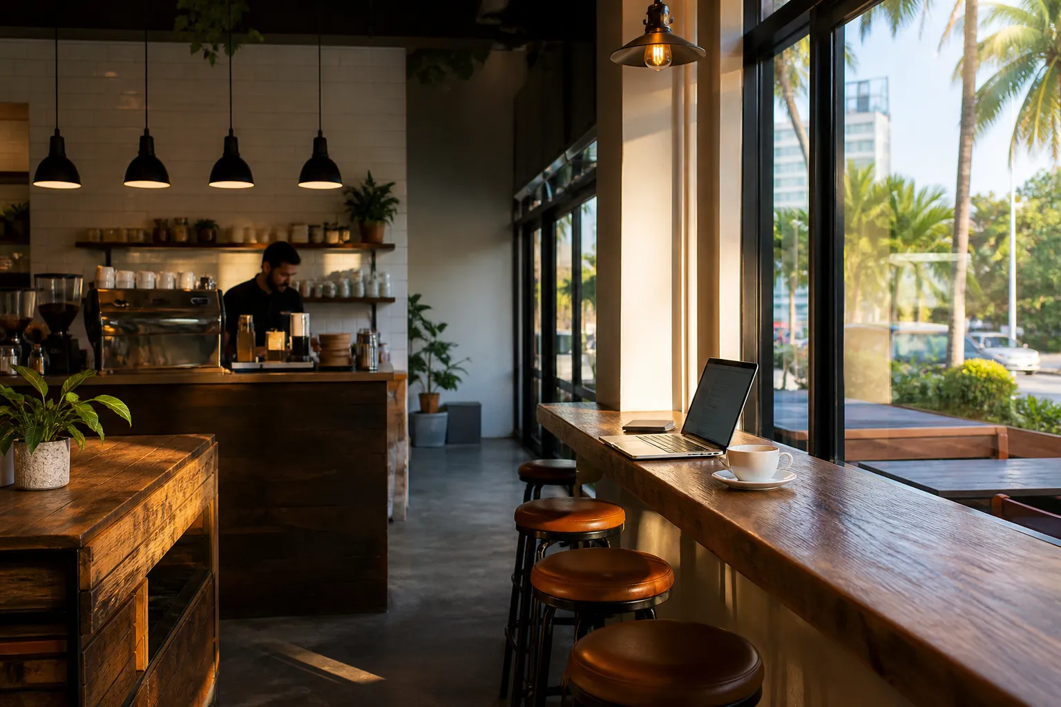 Quiet Brickell morning street with a café tucked into the base of a high-rise