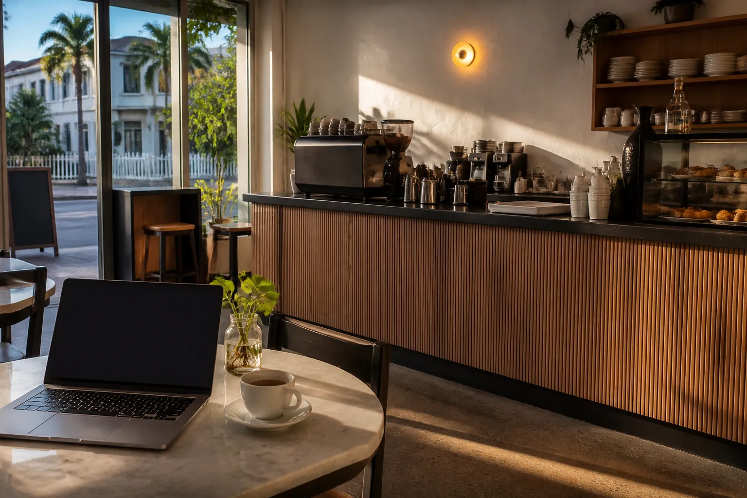 Minimal cafe counter with an espresso drink and an open laptop in morning light