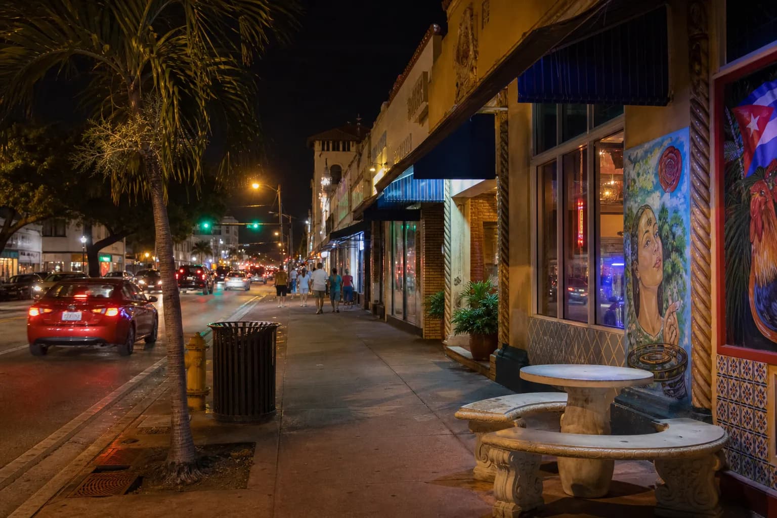 Hidden entrance vibe on a Miami side street after dark with subtle lighting