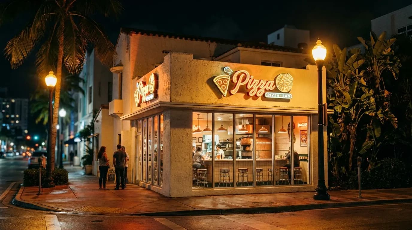 Classic Miami Beach pizza counter with neon signage at night