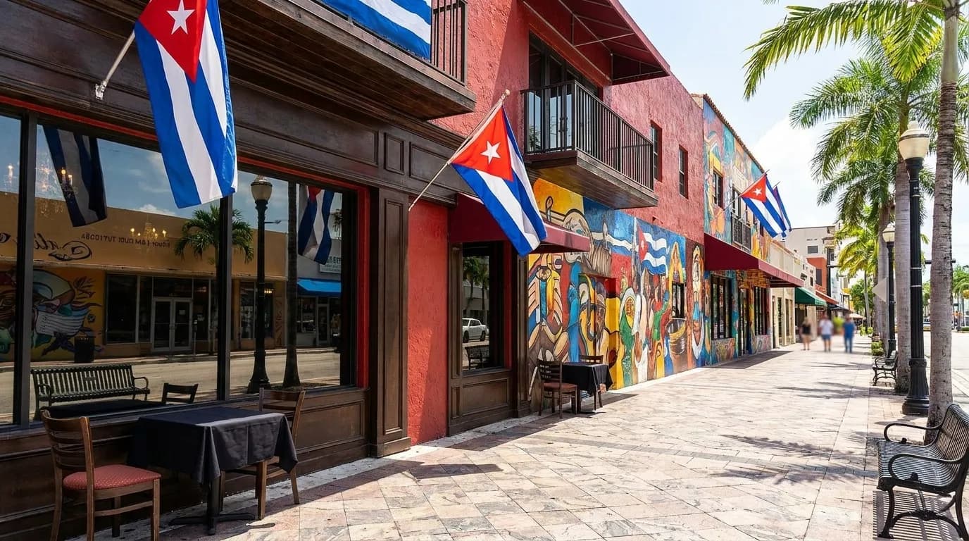 Calle Ocho street scene in Little Havana with colorful murals and Cuban flags