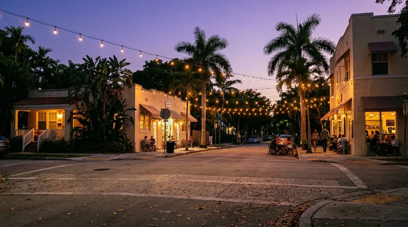 Tree-lined street in Little River, Miami with low-rise buildings and tropical foliage