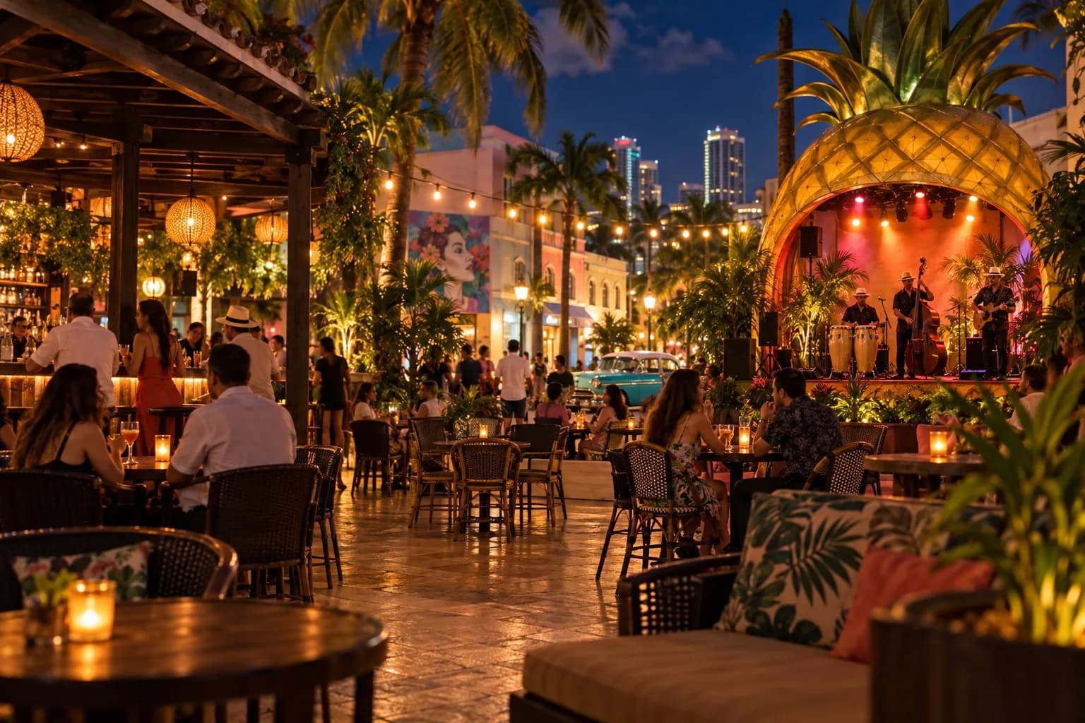 The open-air courtyard at Ball and Chain in Little Havana, with tropical lighting and the pineapple-shaped stage glowing at night