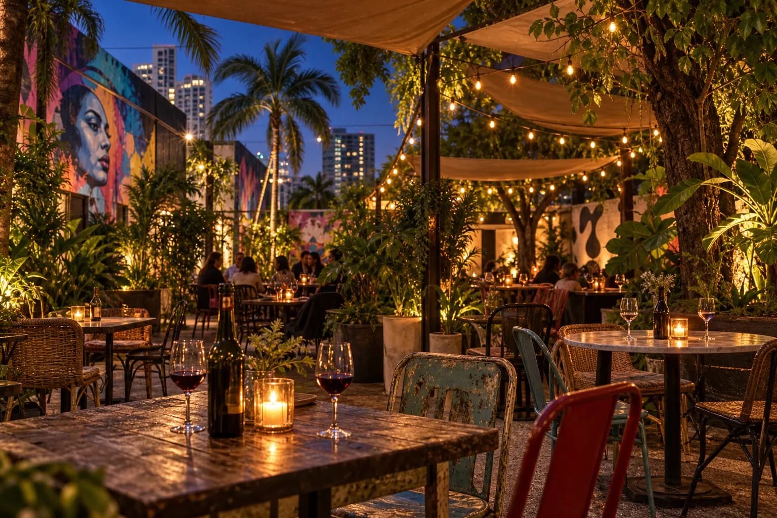 Leafy open-air tables, warm lights and mismatched seating at Lagniappe in Wynwood before the evening music begins