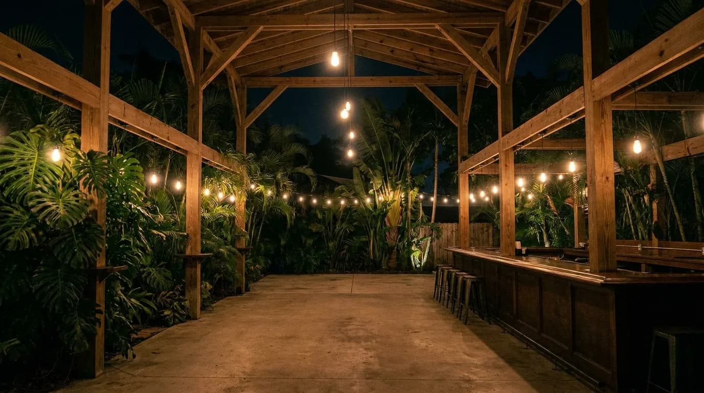 A dark bar backyard in Miami with tall ceilings, tropical planting and a scattering of warm hanging lights at night.