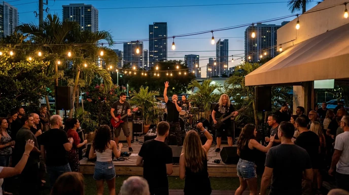 A band playing outdoors under string lights with a crowd of people standing and dancing on a patio.