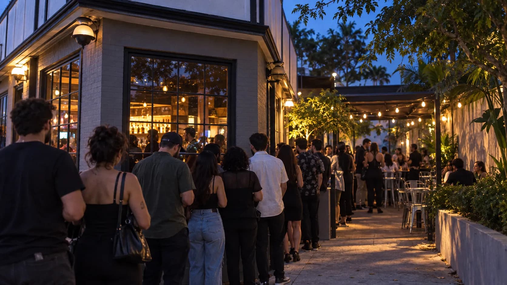 A blue-hour queue bends toward Churchill’s renovated rear patio, where metal tables, leafy shadows, and small groups gather outside.