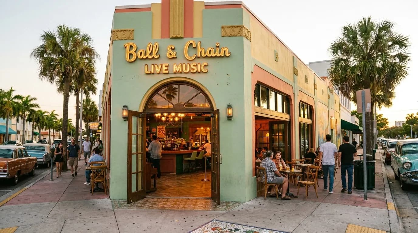 Ball & Chain exterior with vintage neon sign in Little Havana, Miami