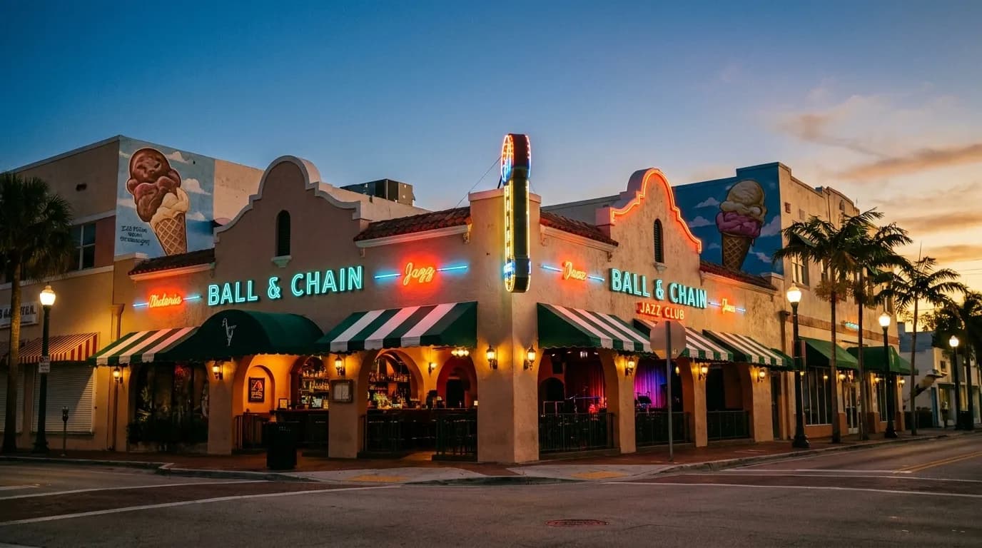Ball & Chain exterior on Calle Ocho in Little Havana at dusk