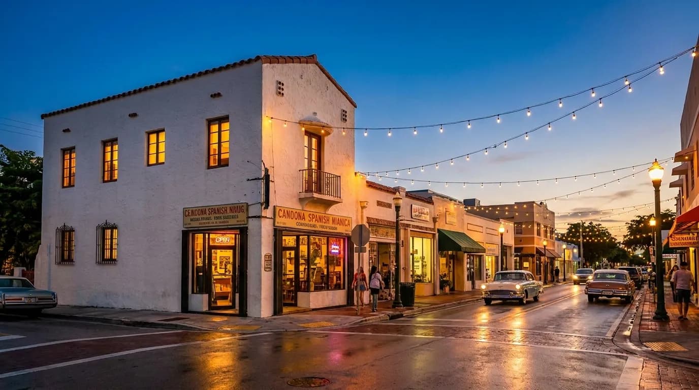 Evening street view of Calle Ocho in Little Havana